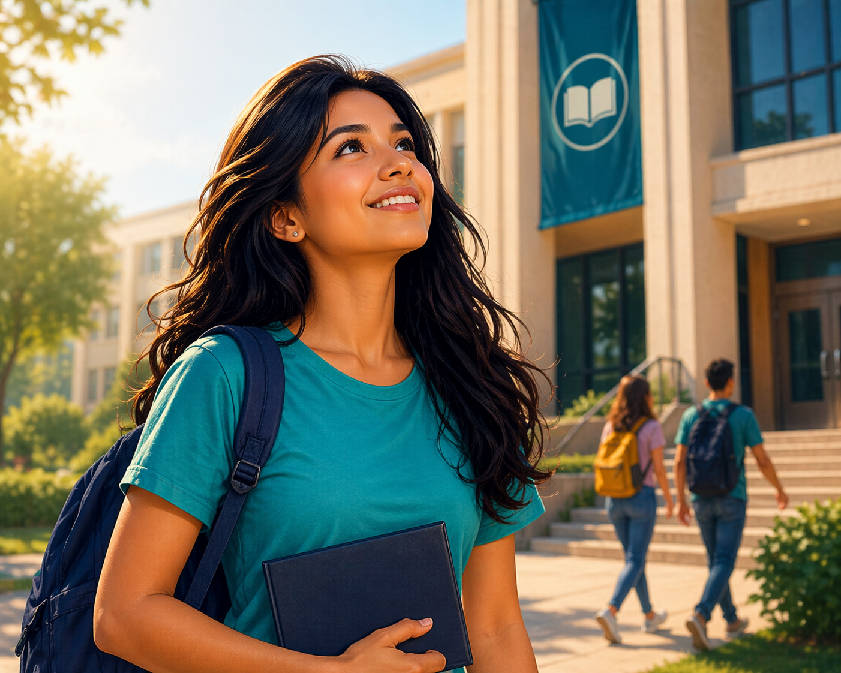 Estudiante caminando feliz hacia su escuela